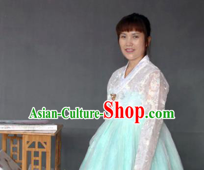 Korean Traditional Garment Bride Mother Hanbok White Blouse and Blue Dress Asian Korea Fashion Costume for Women