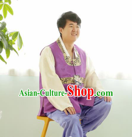 Korean Traditional Purple Silk Vest and Pants Hanbok Asian Korea Bridegroom Fashion Costume for Men