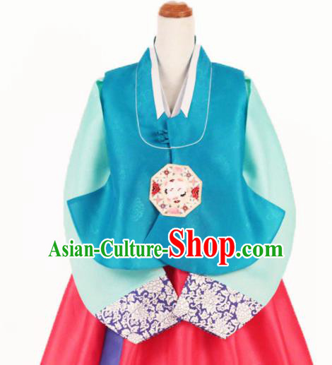 Korean Traditional Garment Bride Hanbok Embroidered Peony Blue Vest Asian Korea Fashion Costume for Women