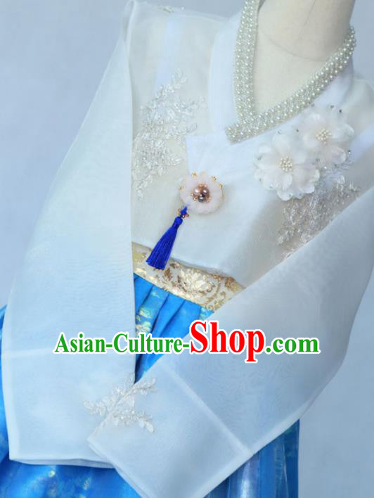 Korean Traditional Garment Bride Hanbok Embroidered White Blouse and Blue Dress Asian Korea Fashion Costume for Women