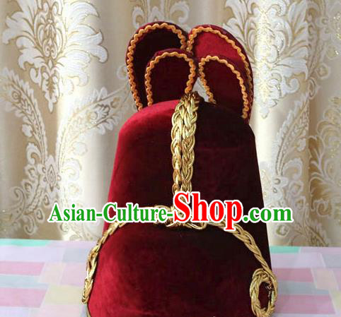 Korean Traditional King Red Hat Asian Korea Ancient Emperor Headwear for Men