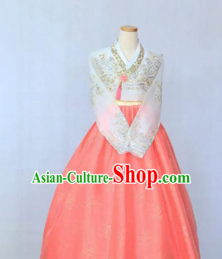 Korean Traditional Garment Bride Hanbok Embroidered White Blouse and Pink Dress Asian Korea Fashion Costume for Women