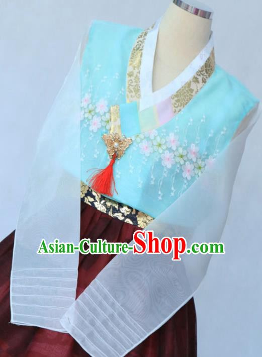 Korean Traditional Garment Blue Blouse and Purplish Red Dress Bride Hanbok Asian Korea Fashion Costume for Women