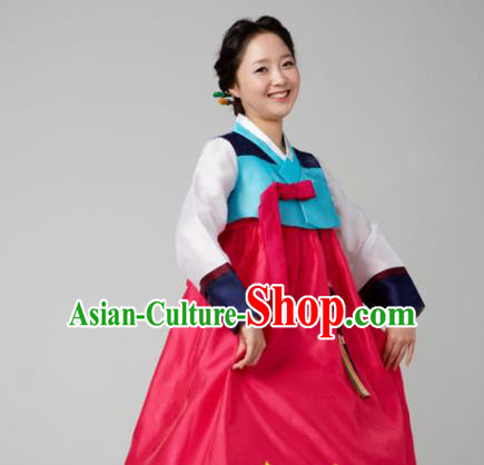 Korean Traditional Mother Hanbok Garment Blue Blouse and Rosy Dress Asian Korea Fashion Costume for Women