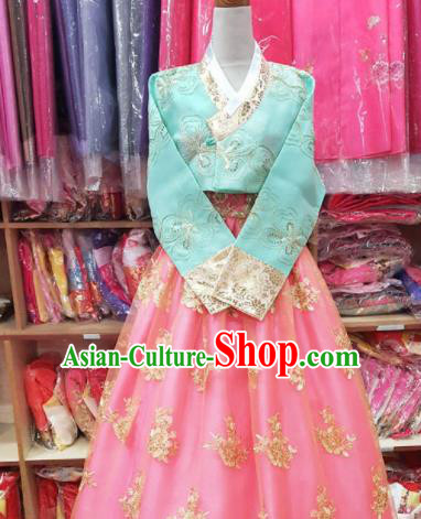 Korean Traditional Hanbok Garment Blue Blouse and Pink Dress Asian Korea Fashion Costume for Women