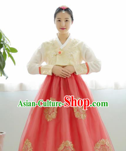 Korean Traditional Hanbok Garment Beige Blouse and Red Dress Asian Korea Fashion Costume for Women