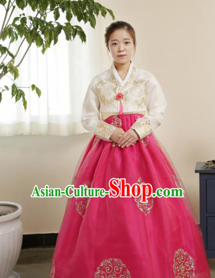 Korean Traditional Hanbok Garment White Blouse and Rosy Dress Asian Korea Fashion Costume for Women