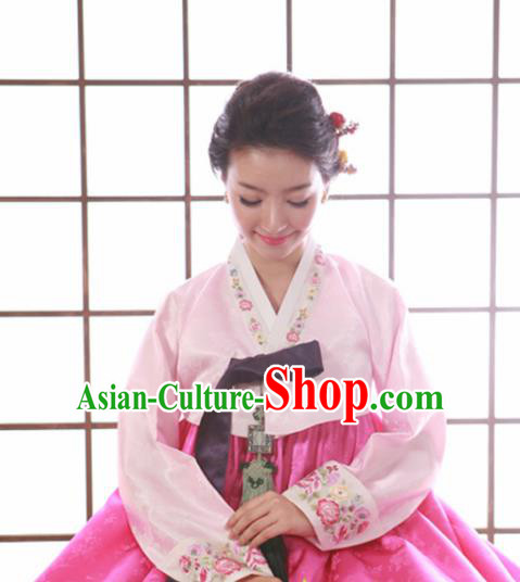 Korean Traditional Mother Hanbok Garment Light Pink Satin Blouse and Dress Asian Korea Fashion Costume for Women