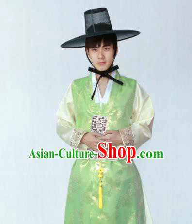 Korean Traditional Green Silk Long Vest Hanbok Asian Korea Bridegroom Fashion Costume for Men