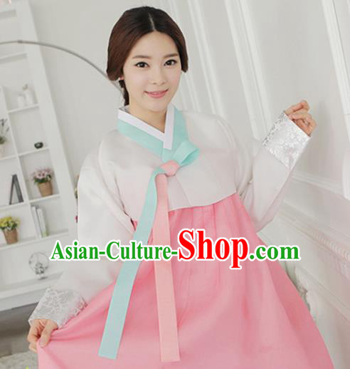 Korean Traditional Hanbok Garment White Blouse and Pink Dress Asian Korea Fashion Costume for Women