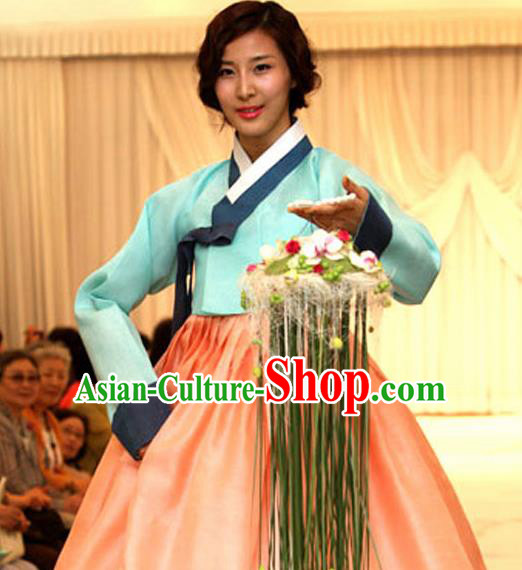 Korean Traditional Court Mother Hanbok Garment Blue Blouse and Orange Dress Asian Korea Fashion Costume for Women