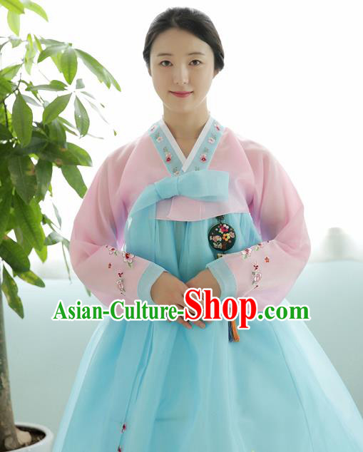 Korean Traditional Court Hanbok Garment Pink Blouse and Blue Dress Asian Korea Fashion Costume for Women