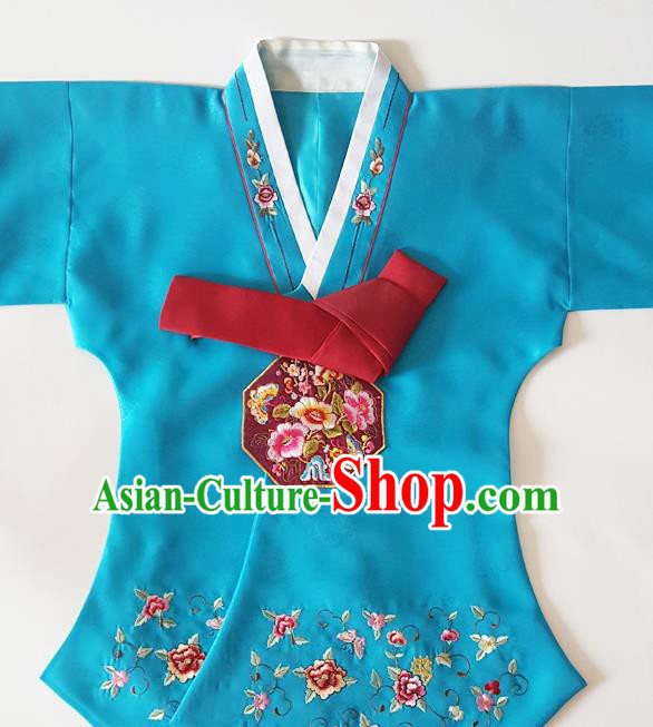 Korean Traditional Court Hanbok Garment Embroidered Lake Blue Blouse Asian Korea Fashion Costume for Women