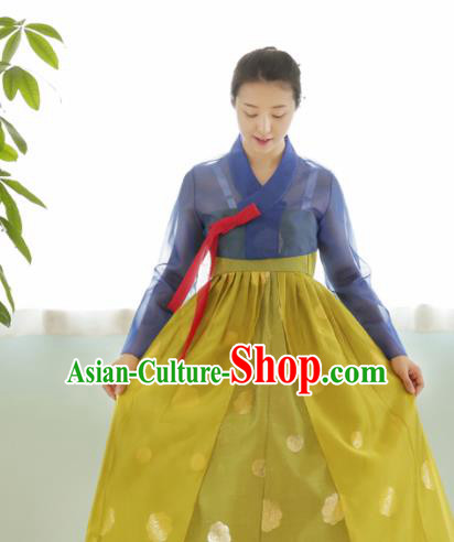 Korean Traditional Court Hanbok Garment Blue Blouse and Ginger Dress Asian Korea Fashion Costume for Women