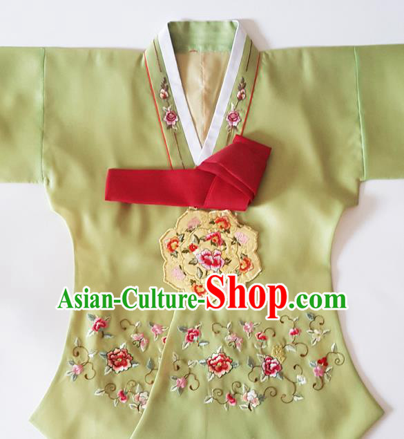 Korean Traditional Court Hanbok Garment Embroidered Peony Olive Green Blouse Asian Korea Fashion Costume for Women