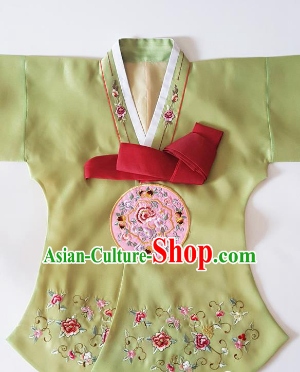 Korean Traditional Hanbok Garment Court Embroidered Peony Olive Green Blouse Asian Korea Fashion Costume for Women