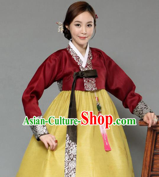 Korean Traditional Bride Mother Hanbok Garment Purplish Red Satin Blouse and Yellow Dress Asian Korea Fashion Costume for Women