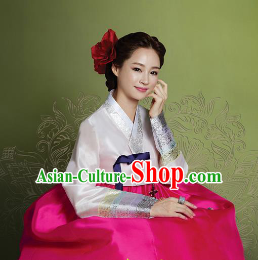Korean Traditional Bride Mother Hanbok Garment White Satin Blouse and Rosy Dress Asian Korea Fashion Costume for Women