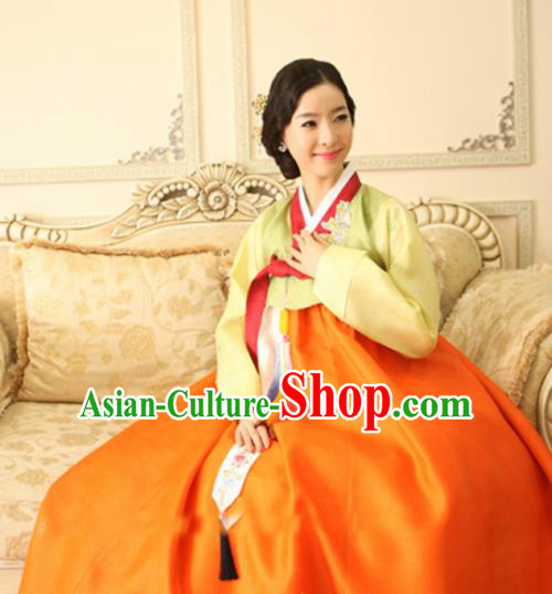 Korean Traditional Bride Mother Hanbok Garment Green Satin Blouse and Orange Dress Asian Korea Fashion Costume for Women