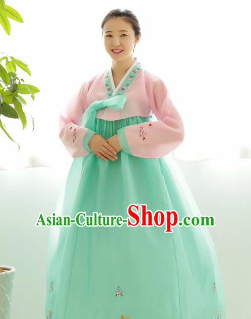 Korean Traditional Court Hanbok Garment Pink Blouse and Light Green Dress Asian Korea Fashion Costume for Women