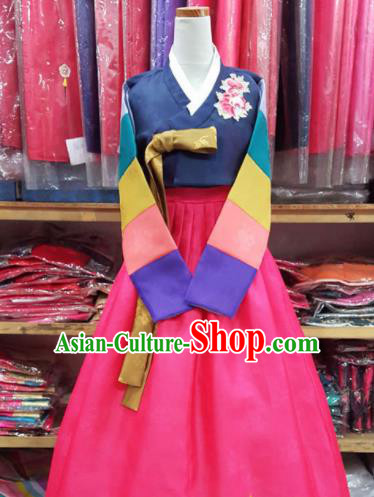 Korean Traditional Bride Mother Hanbok Embroidered Navy Blouse and Rosy Dress Garment Asian Korea Fashion Costume for Women