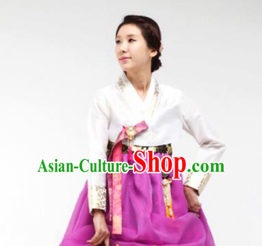 Korean Traditional Bride Mother Hanbok White Blouse and Purple Dress Garment Asian Korea Fashion Costume for Women