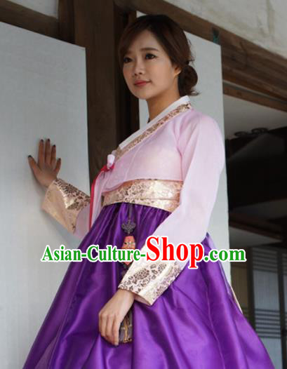 Korean Traditional Bride Mother Hanbok Pink Blouse and Purple Dress Garment Asian Korea Fashion Costume for Women