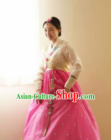 Korean Traditional Bride Hanbok White Blouse and Pink Dress Garment Asian Korea Fashion Costume for Women