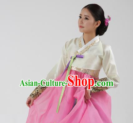 Korean Traditional Bride Hanbok White Blouse and Pink Dress Garment Asian Korea Fashion Costume for Women