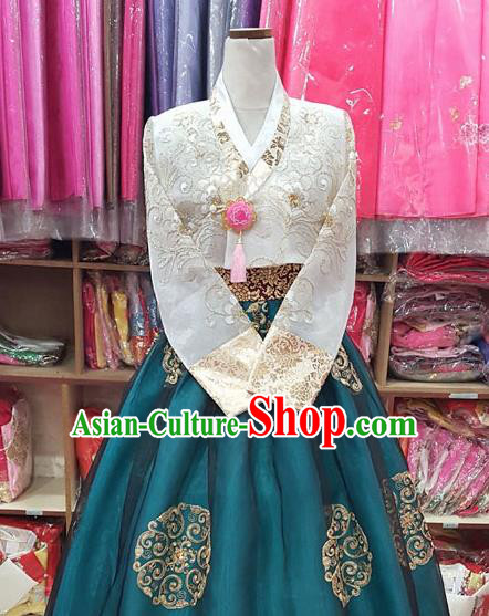 Korean Traditional Bride Hanbok White Blouse and Peacock Green Dress Garment Asian Korea Fashion Costume for Women