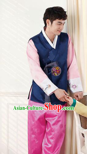 Korean Traditional Navy Vest and Pants Hanbok Asian Korea Bridegroom Fashion Costume for Men