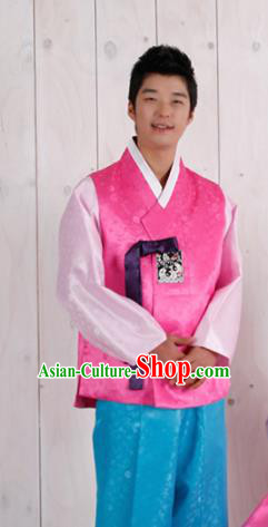 Korean Traditional Pink Vest and Blue Pants Hanbok Asian Korea Bridegroom Fashion Costume for Men