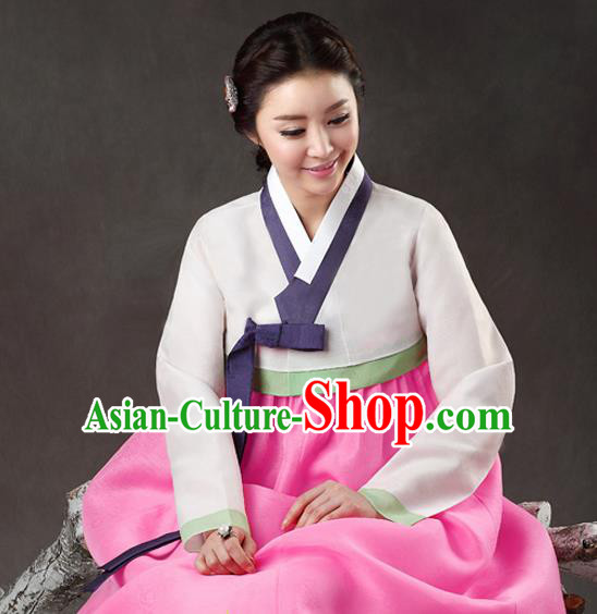 Korean Traditional Bride Hanbok White Blouse and Pink Dress Garment Asian Korea Fashion Costume for Women