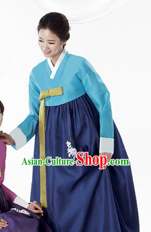 Korean Traditional Bride Mother Hanbok Blue Blouse and Navy Dress Garment Asian Korea Fashion Costume for Women