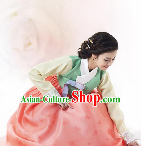 Korean Traditional Bride Mother Hanbok Light Green Blouse and Orange Dress Garment Asian Korea Fashion Costume for Women