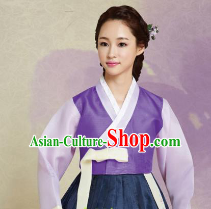 Korean Traditional Bride Mother Hanbok Purple Blouse and Navy Dress Garment Asian Korea Fashion Costume for Women