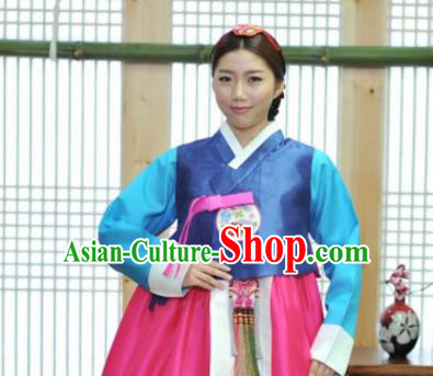 Korean Traditional Bride Mother Hanbok Navy Blouse and Rosy Dress Garment Asian Korea Fashion Costume for Women