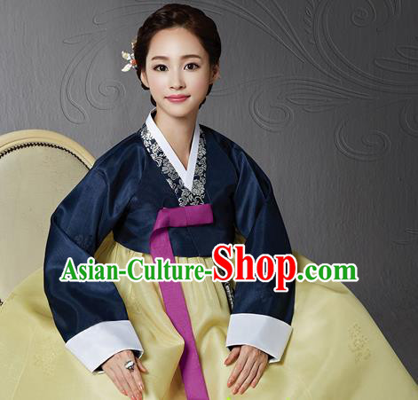 Korean Traditional Bride Hanbok Navy Blouse and Yellow Dress Garment Asian Korea Fashion Costume for Women