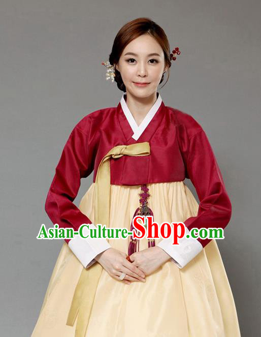 Korean Traditional Bride Hanbok Wine Red Blouse and Yellow Dress Garment Asian Korea Fashion Costume for Women