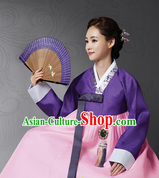 Korean Traditional Bride Hanbok Deep Purple Blouse and Pink Dress Garment Asian Korea Fashion Costume for Women