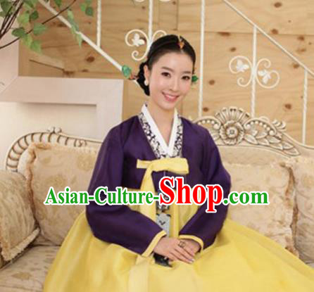 Korean Traditional Hanbok Garment Purple Blouse and Yellow Dress Asian Korea Fashion Costume for Women