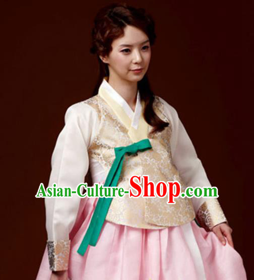 Korean Traditional Hanbok Garment Beige Blouse and Pink Dress Asian Korea Fashion Costume for Women