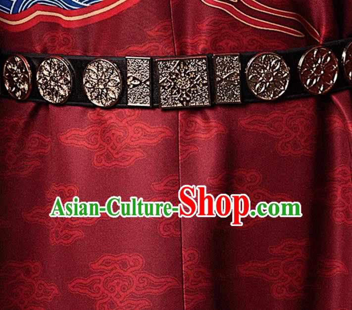 Chinese Traditional Ming Dynasty Swordsman Black Leather Belts Ancient Imperial Bodyguard Waistband for Men