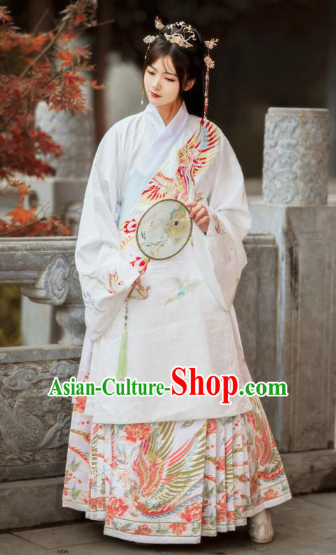 Chinese Traditional Ming Dynasty Nobility Lady Embroidered Phoenix White Coat and Skirt Ancient Royal Princess Costumes for Women