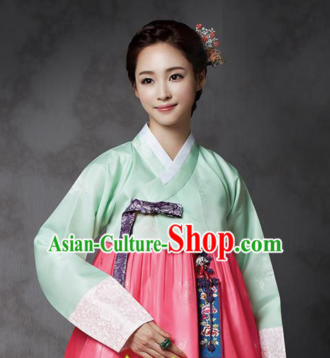 Korean Traditional Bride Court Hanbok Green Satin Blouse and Pink Dress Garment Asian Korea Fashion Costume for Women