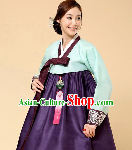 Korean Traditional Bride Court Hanbok Light Blue Satin Blouse and Purple Dress Garment Asian Korea Fashion Costume for Women