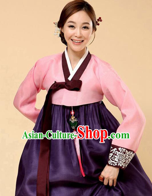 Korean Traditional Bride Court Hanbok Pink Satin Blouse and Purple Dress Garment Asian Korea Fashion Costume for Women