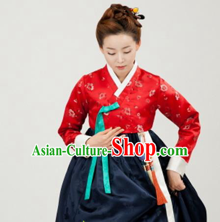 Korean Traditional Bride Court Hanbok Red Satin Blouse and Navy Dress Garment Asian Korea Fashion Costume for Women