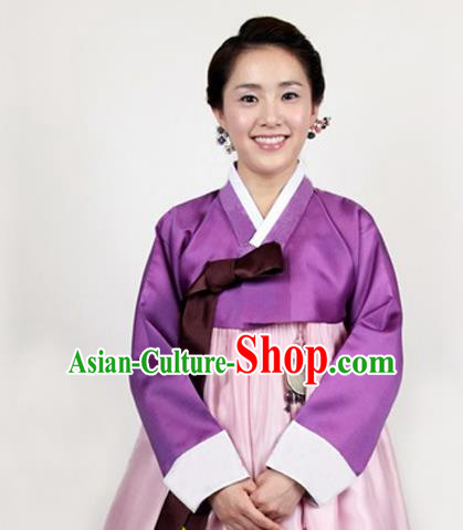 Korean Traditional Bride Mother Hanbok Purple Satin Blouse and Pink Dress Garment Asian Korea Fashion Costume for Women