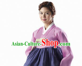 Korean Traditional Bride Mother Hanbok Pink Satin Blouse and Navy Dress Garment Asian Korea Fashion Costume for Women